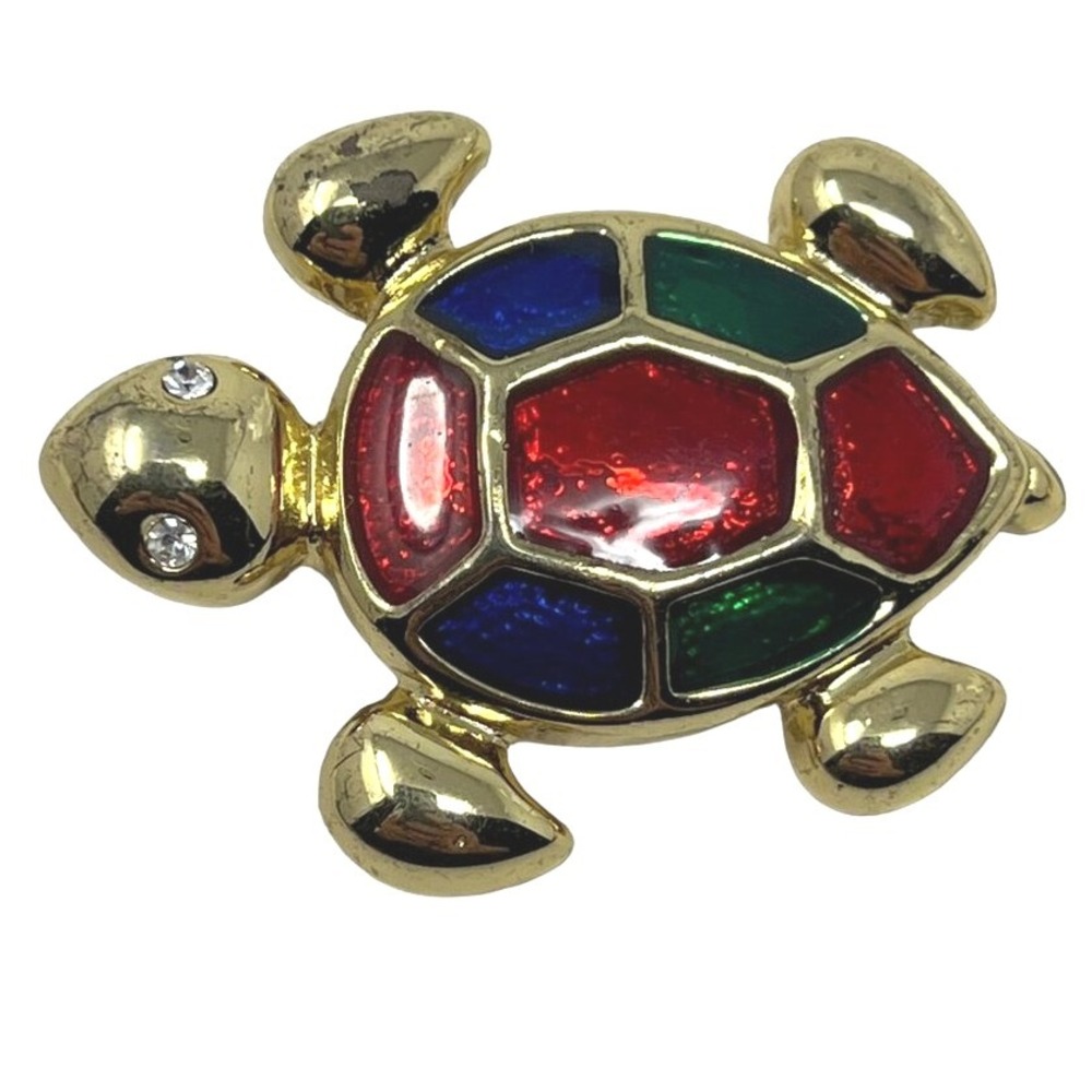 Vintage Turtle Brooch Gold Tone Red Blue Green Enamel Crystal Eyes Pin
